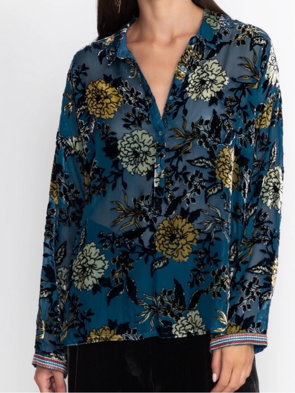 Johnny Was Cadeki Stila Blue Velvet Silk Blend Burnout Blouse Size Large